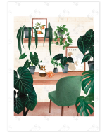 A poster of a desk surrounded by plants with a Chemex standing on top of it.