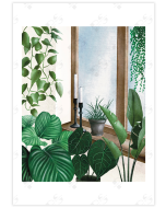 A poster depicting a window with candlesticks on it an plants all over it