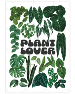 A poster with the words plant lover in the center surrounded by various leaves