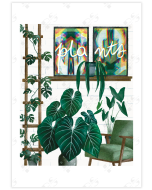 A white brick wall with a shelf holding two posters that combined make the word plants, a green chair and real plants in the foreground