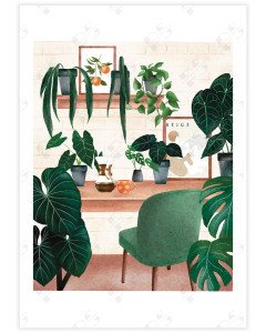 A poster of a desk surrounded by plants with a Chemex standing on top of it.