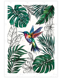 Colorful bird illustration with lush greenery and tropical leaves