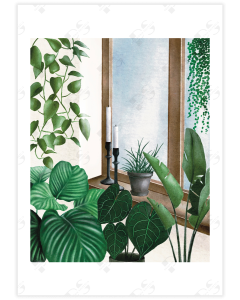 A poster depicting a window with candlesticks on it an plants all over it