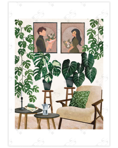 An image depicting a cosy room with two posters of lovers facing each other are hung on the wall
