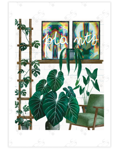 A white brick wall with a shelf holding two posters that combined make the word plants, a green chair and real plants in the foreground